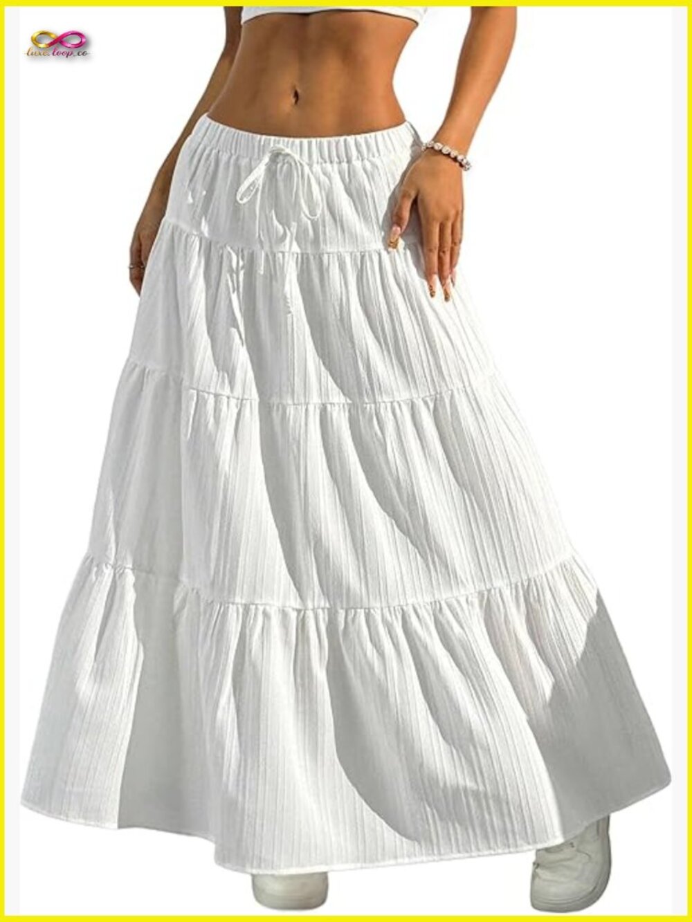 Boho Flowy Maxi Skirt Ruffle Hem A-Line Elastic Waist Summer Long Tiered Ruffled